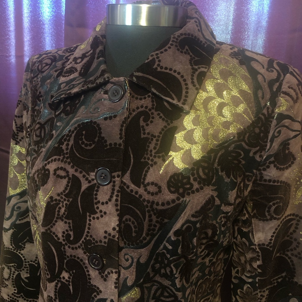Newport News Sueded Leather Velvet Gold Glitter Embossed Duster Jacket